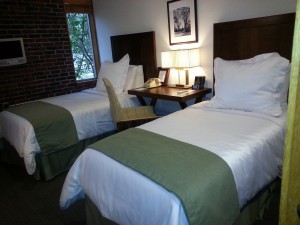 Newly renovated room with two twin beds.